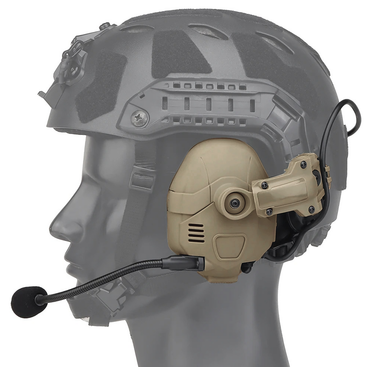 EchoGuard Pro Kapselgehörschutz in Coyote Braun am Helm, Profilansicht von der Seite