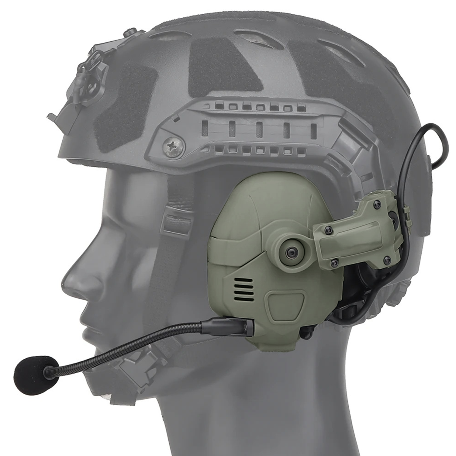 EchoGuard Pro Kapselgehörschutz in Oliv am Helm, Profilansicht von der Seite