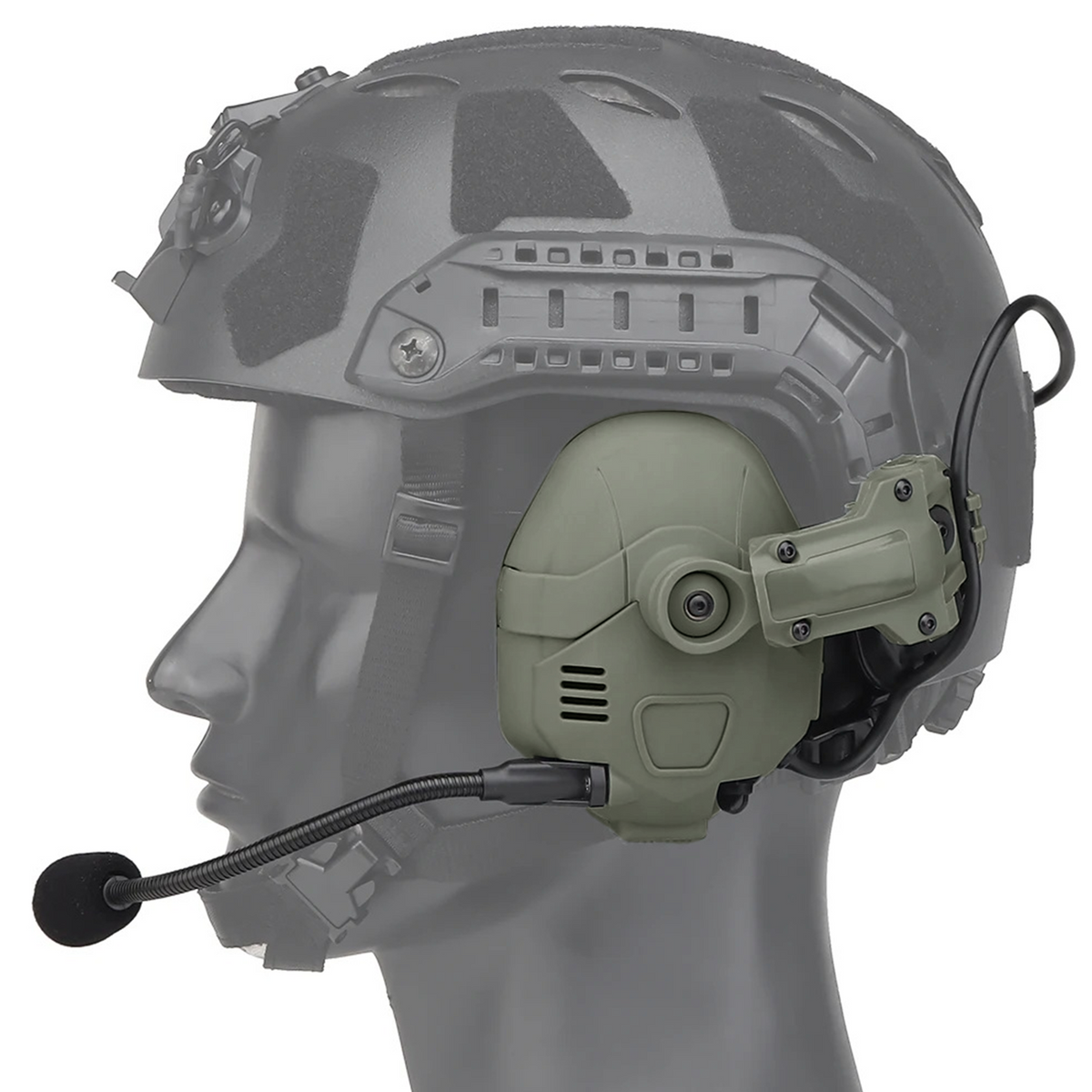 EchoGuard Pro Kapselgehörschutz in Oliv am Helm, Profilansicht von der Seite