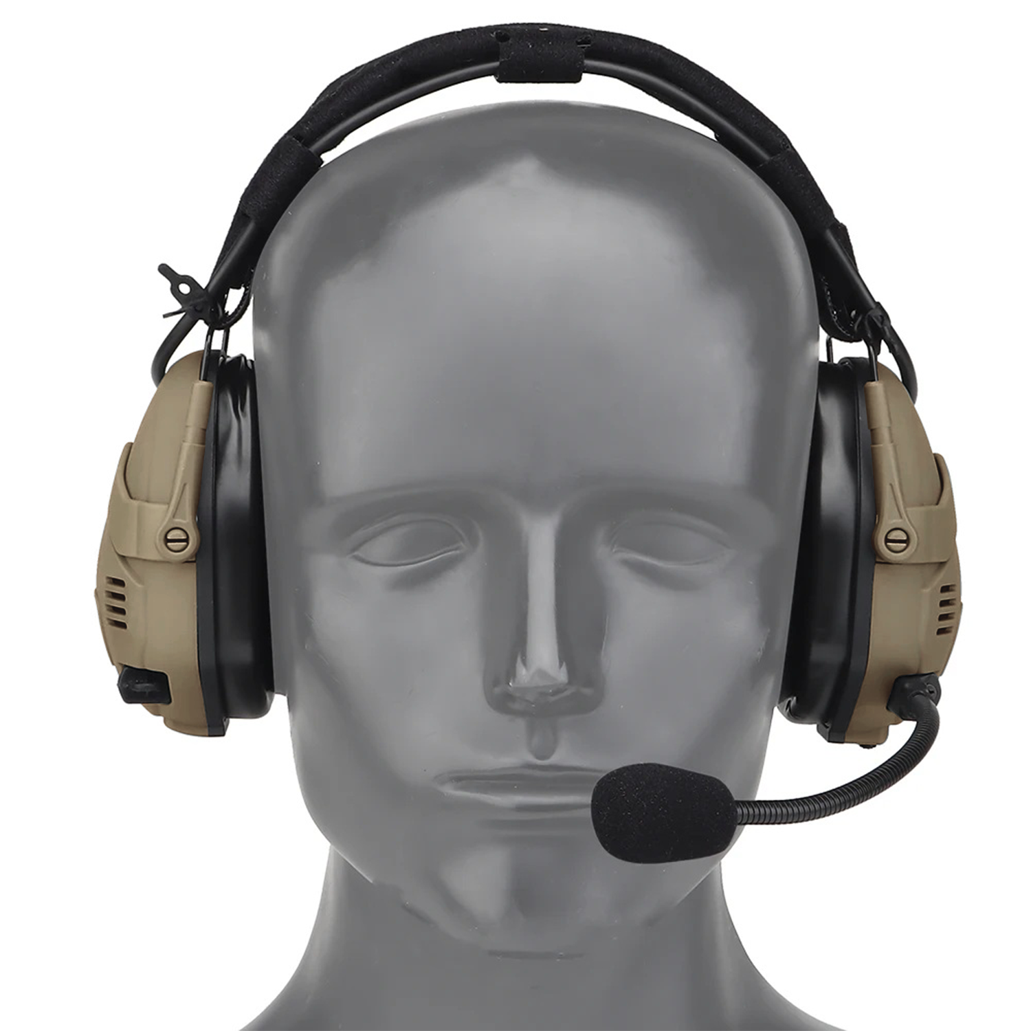 EchoGuard Pro Kapselgehörschutz in Coyote Braun am Kopf getragen, Frontalansicht mit Mikrofon