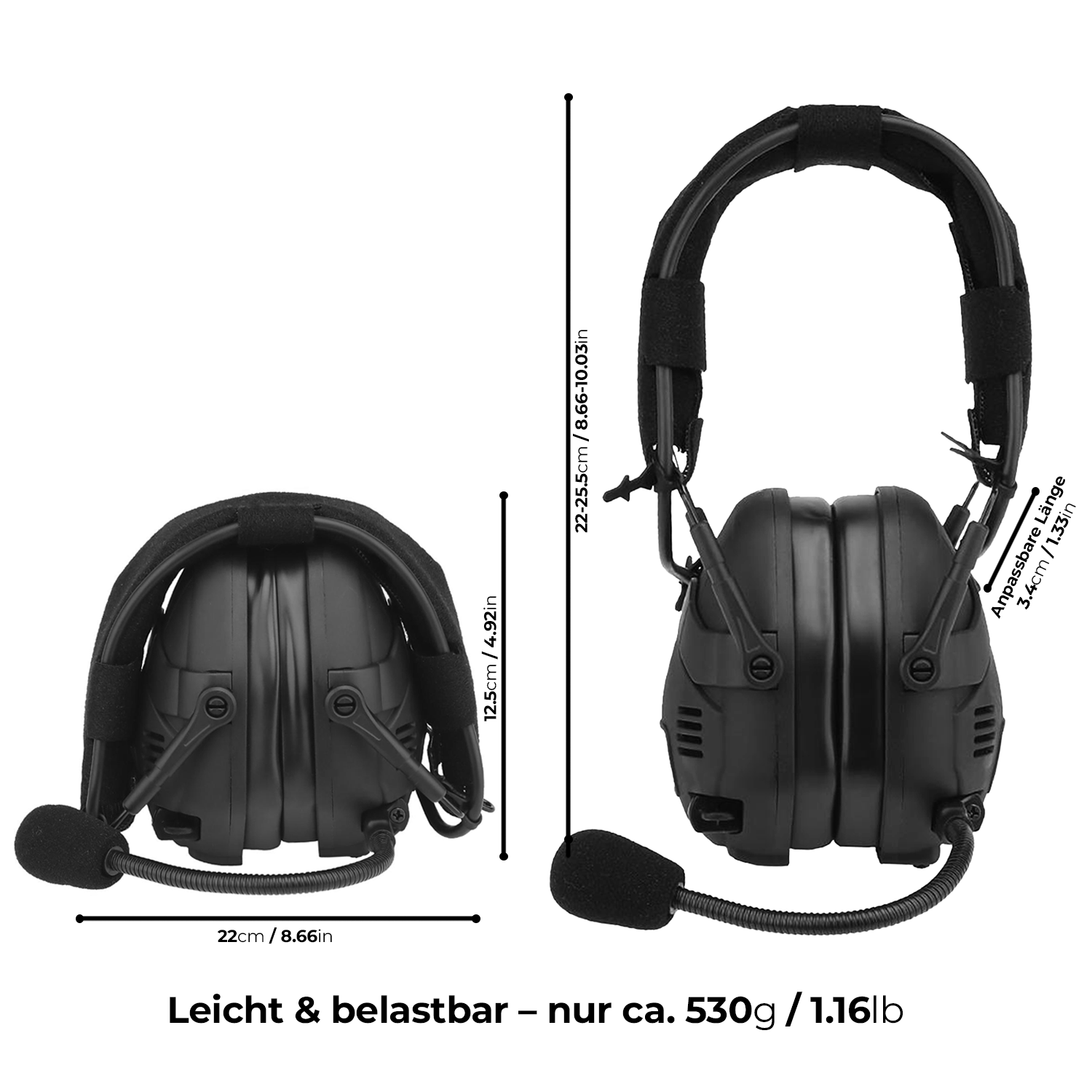 EchoGuard Pro Kapselgehörschutz, Infografik zu Maßen und Gewicht, klappbar auf ca. 530 Gramm