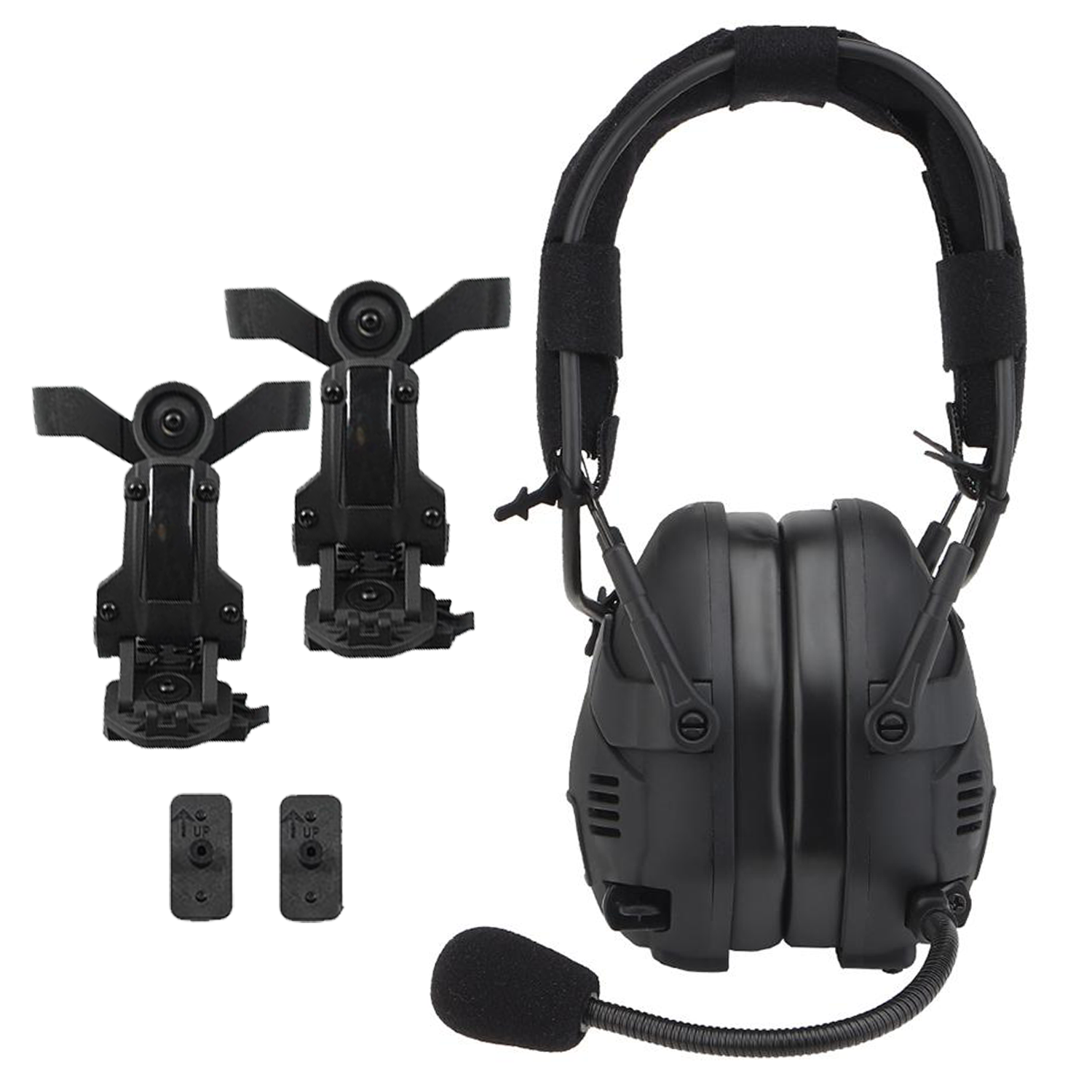 EchoGuard Pro Kapselgehörschutz in Schwarz mit zwei Helm-Adaptern und Clips im Lieferumfang