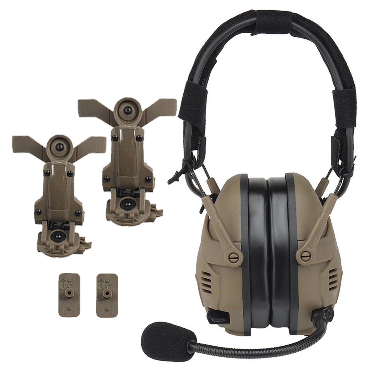 EchoGuard Pro Kapselgehörschutz in Coyote Braun mit zwei Helm-Adaptern und Clips im Lieferumfang