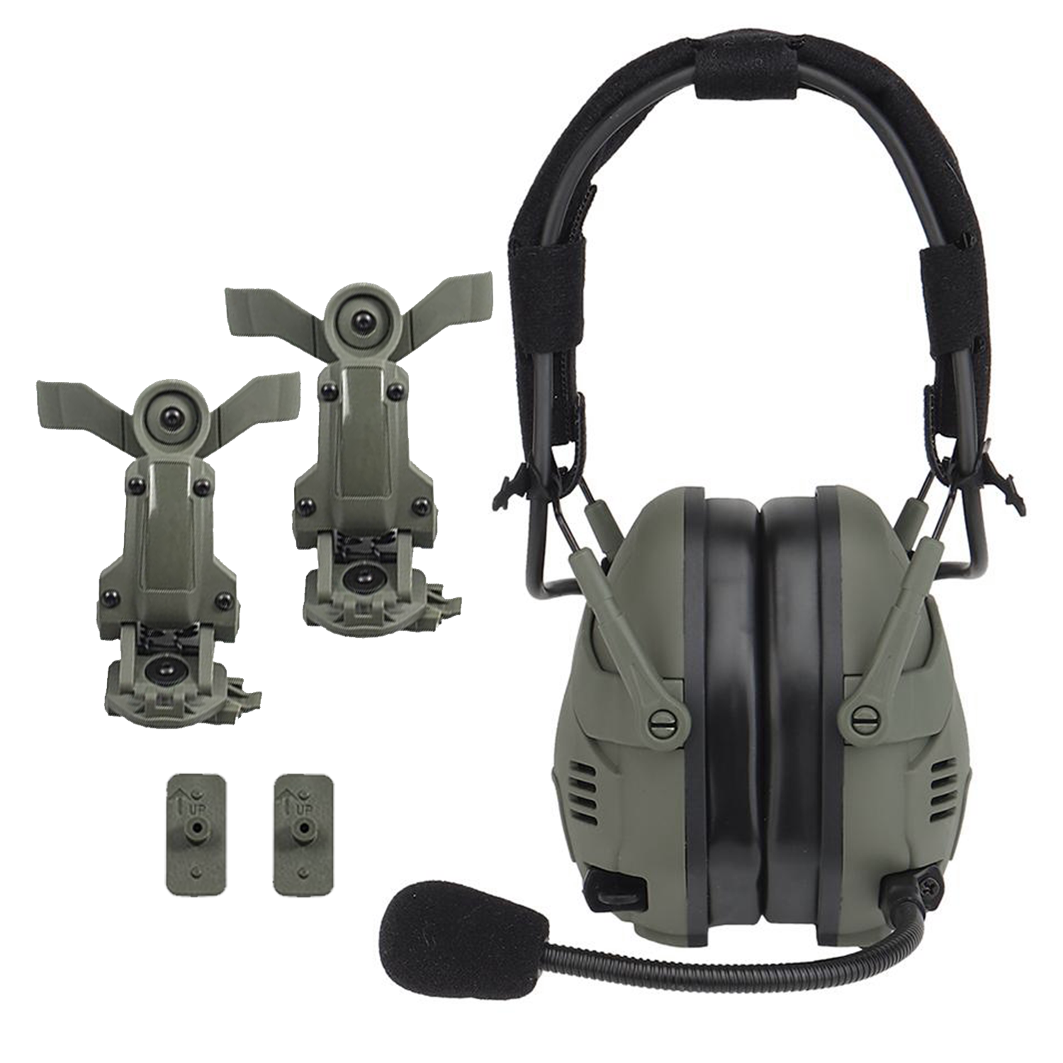 EchoGuard Pro Kapselgehörschutz in Oliv mit zwei Helm-Adaptern und Clips im Lieferumfang