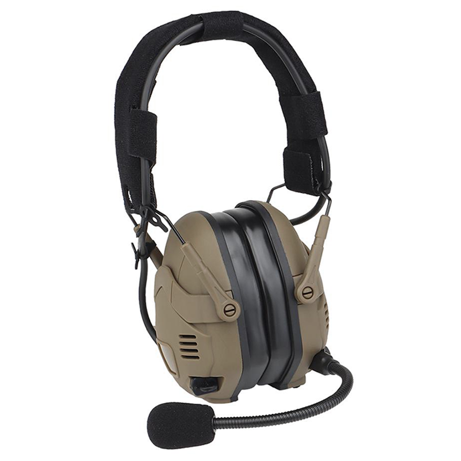 EchoGuard Pro Kapselgehörschutz in Coyote Braun, seitliche Perspektive mit Bügelmikrofon