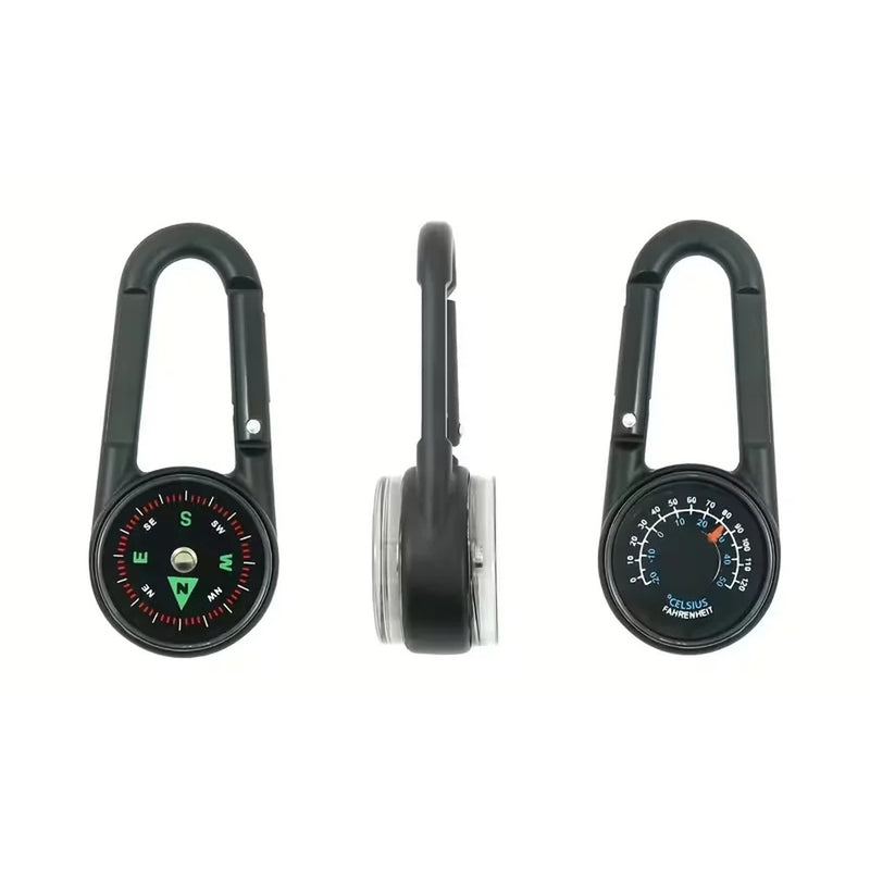 Nordpfeil Karabiner-Kompass mit Thermometer in Schwarz, Kompass-Seite, Seitenansicht und Thermometer-Seite