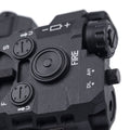 Doppelzeiger Laser-Licht-Modul in Schwarz, Nahaufnahme der Bedienelemente und Einstellräder