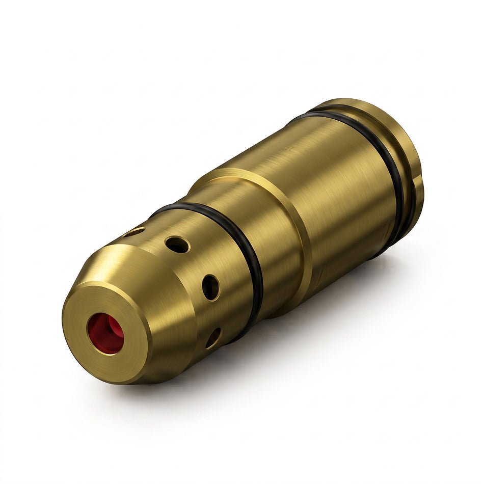 Laserpatrone 9 mm Luger einzeln, Messinggehäuse mit rotem Laseraustritt an der Spitze