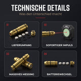 Technische Details der Laserpatrone: Lieferumfang, sofortiger Laserimpuls auf das Ziel, massives Messinggehäuse und Batteriewechsel