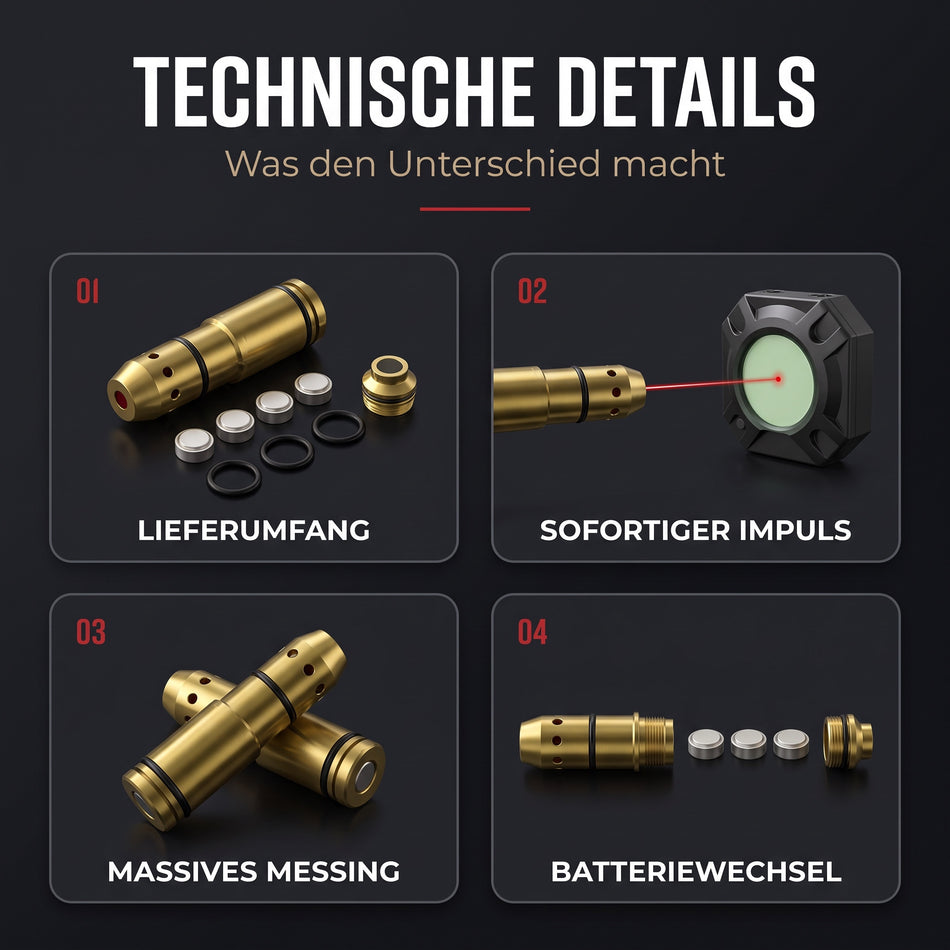 Technische Details der Laserpatrone: Lieferumfang, sofortiger Laserimpuls auf das Ziel, massives Messinggehäuse und Batteriewechsel