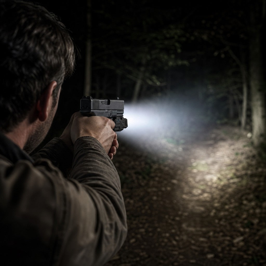 Schütze nutzt die Lichtwacht Waffenlicht bei Nacht auf der Pistole