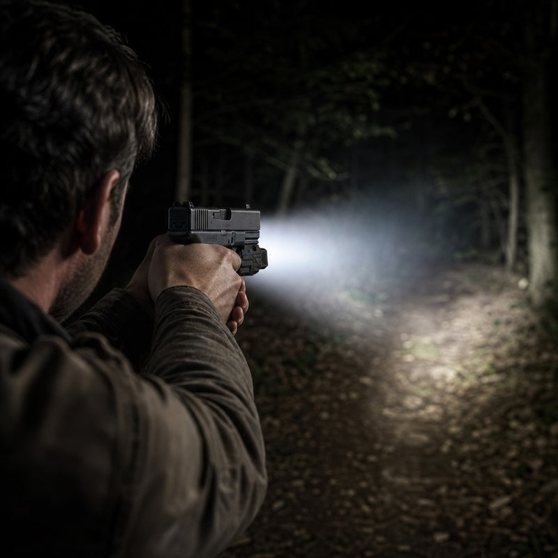 Schütze nutzt die Lichtwacht Waffenlicht bei Nacht auf der Pistole