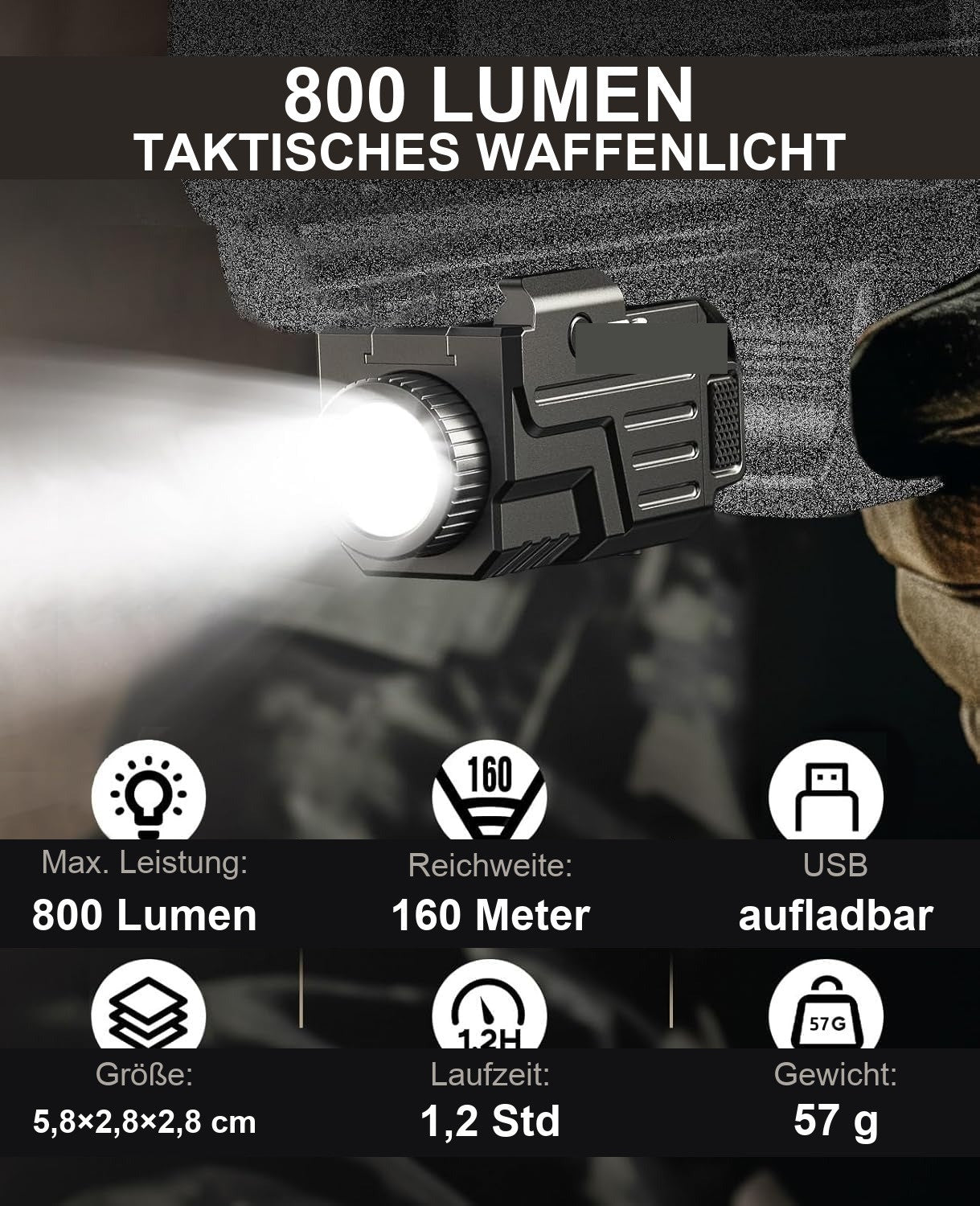 Lichtwacht Waffenlicht technische Daten, 800 Lumen und 160 Meter