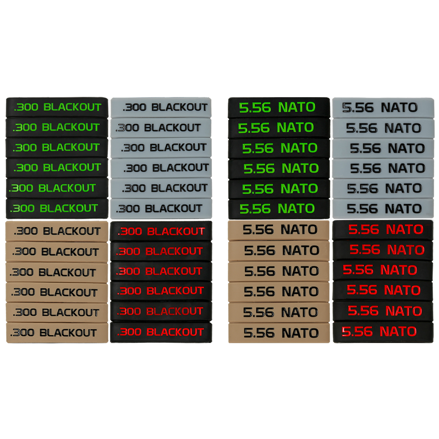 SilikonTag Gesamtuebersicht, .300 Blackout und 5.56 NATO je in vier Farbvarianten nebeneinander