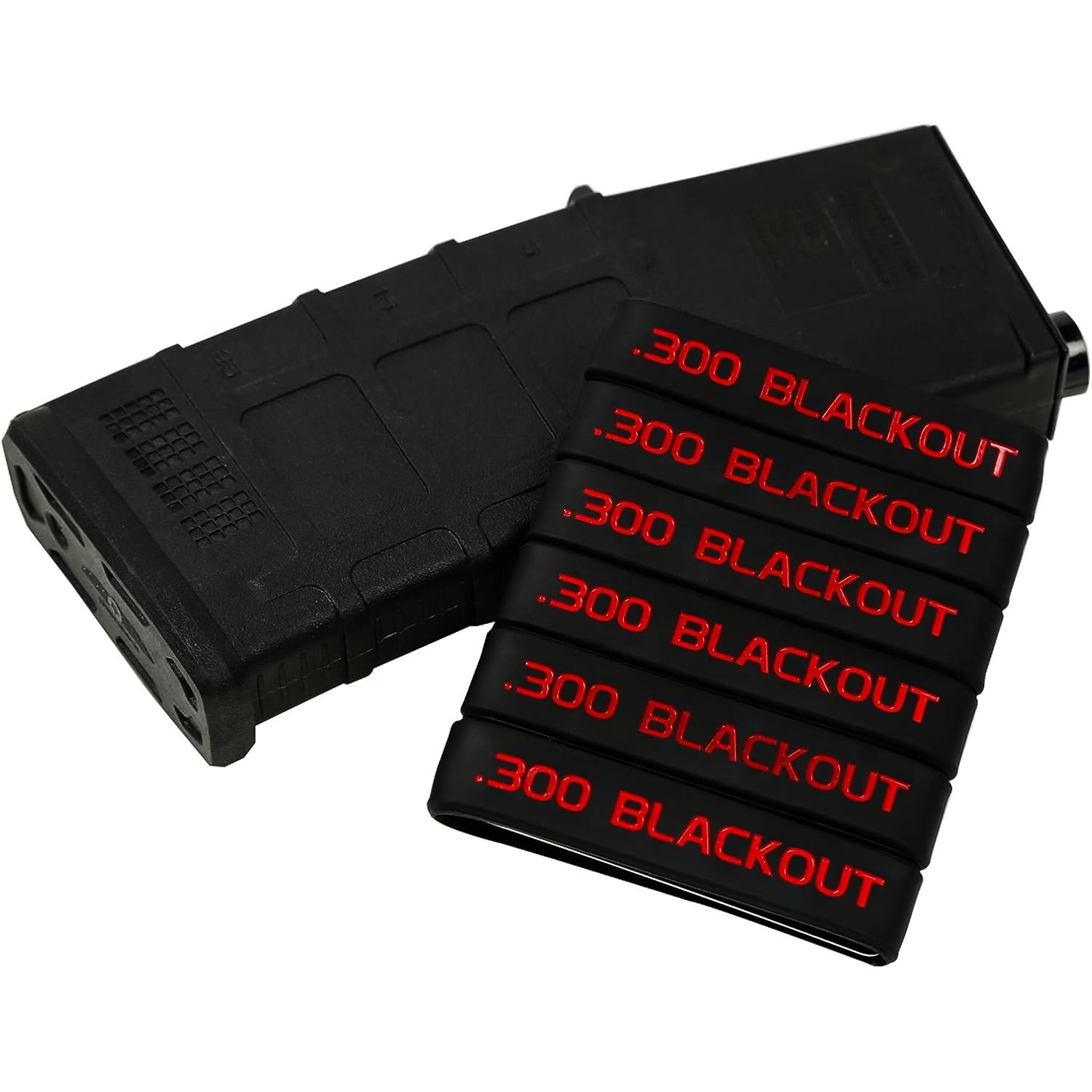 SilikonTag Silikonbaender .300 Blackout in Schwarz-Rot, sechs Stueck gestapelt neben Gewehrmagazin