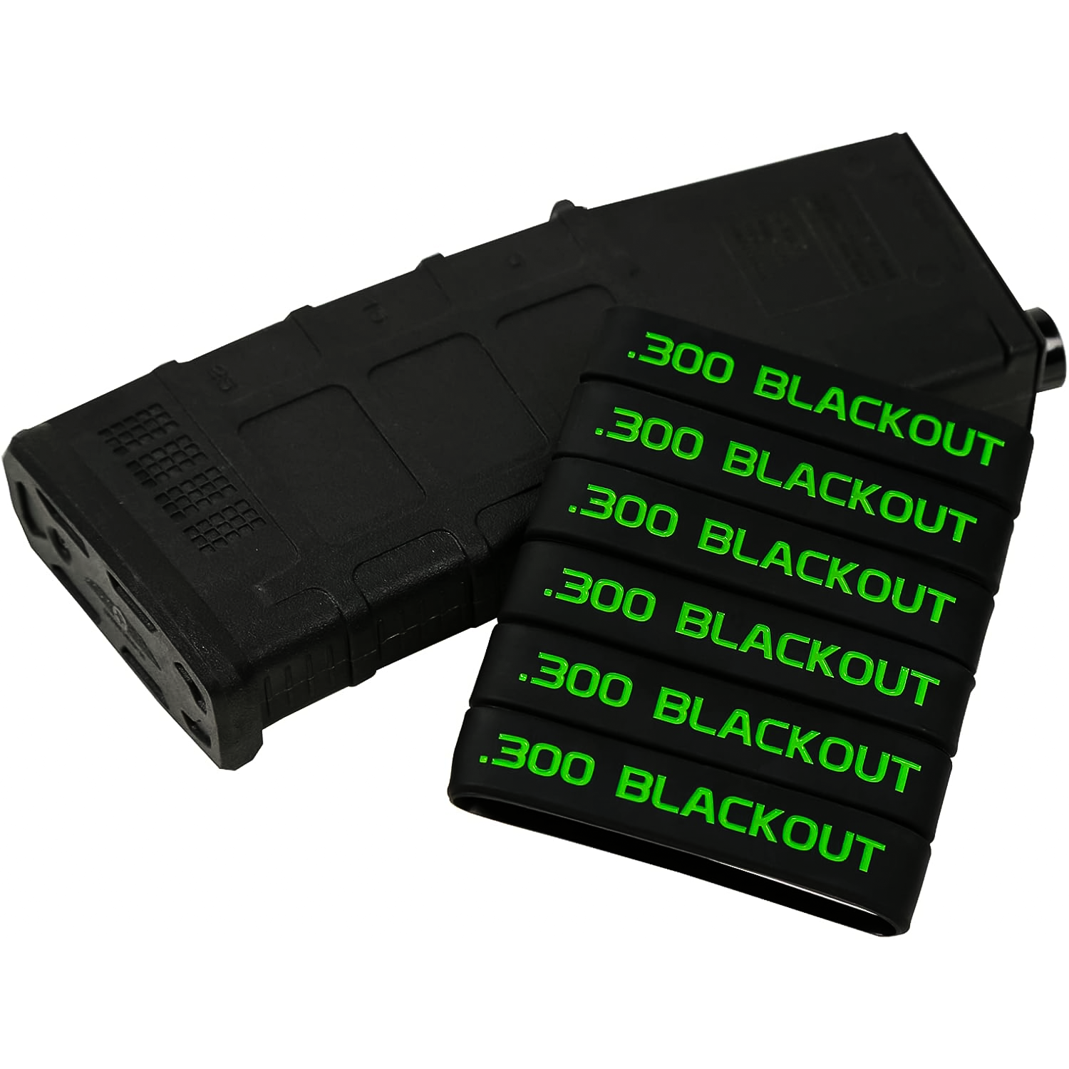 SilikonTag Silikonbaender .300 Blackout in Schwarz-Gruen, sechs Stueck diagonal neben Magazin