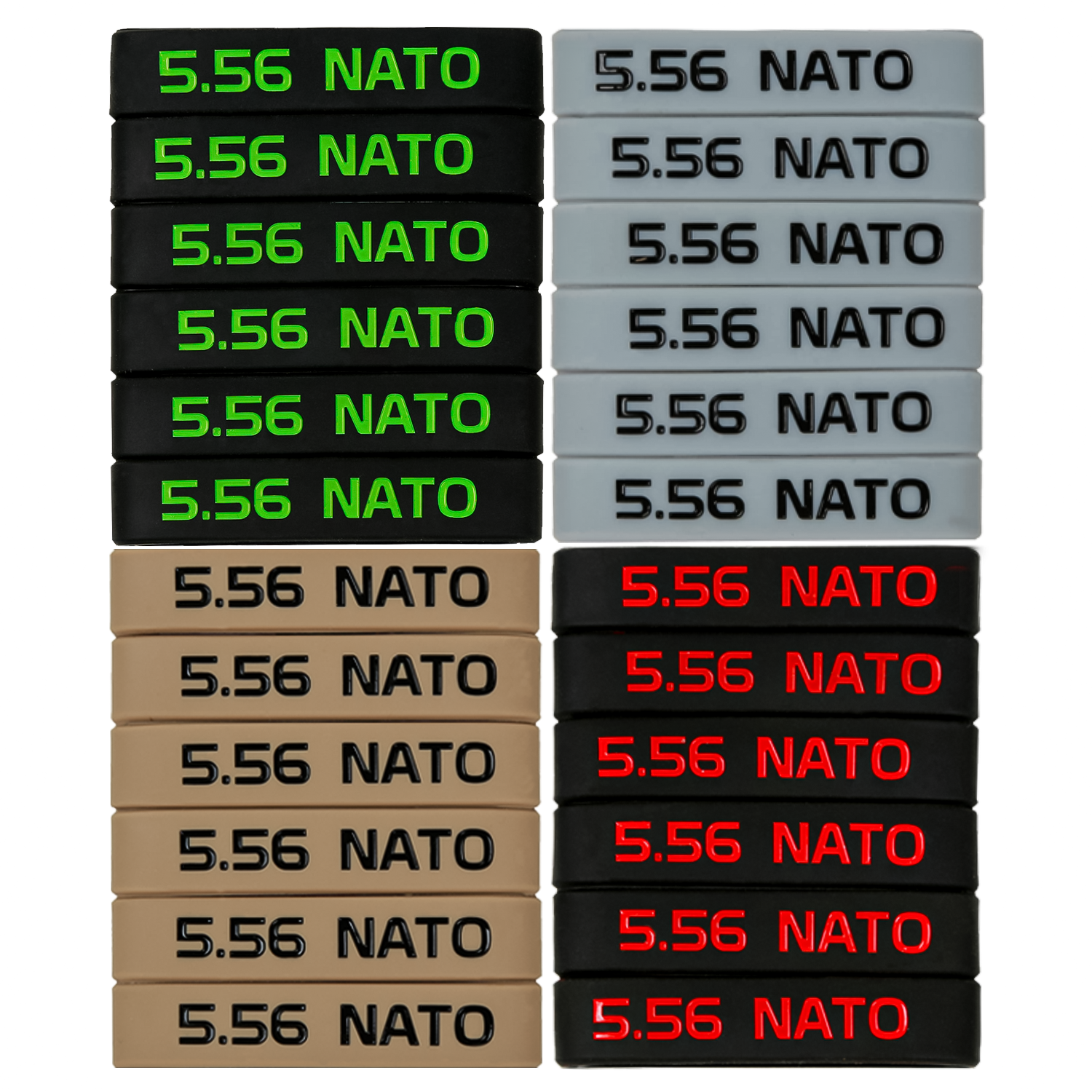 SilikonTag Farbuebersicht 5.56 NATO, vier Baender je in Schwarz-Gruen, Grau, Sand und Schwarz-Rot