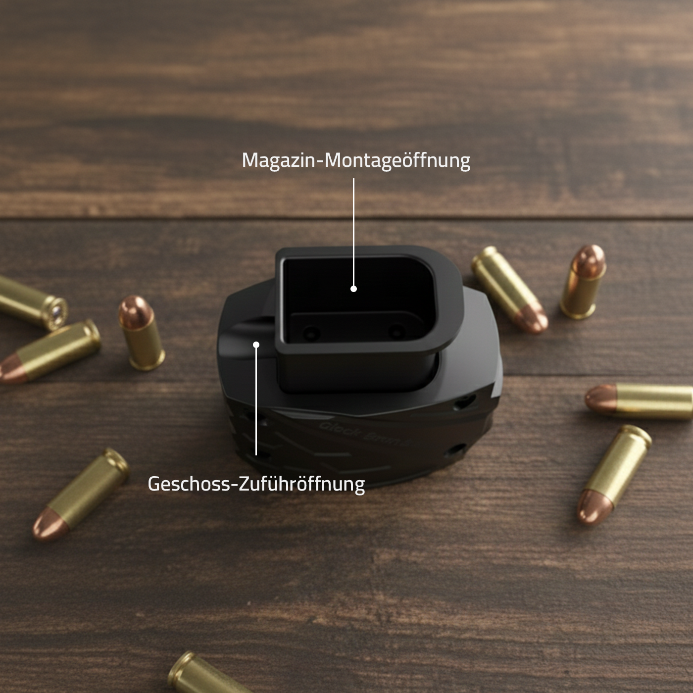 RapidCore Magazinschnelllader, Draufsicht mit Beschriftung Magazin-Montageöffnung und Geschoss-Zuführöffnung