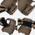 Riegelbox MOLLE-Handybox, Bildcollage: Hand mit Taktikhandschuh öffnet das Fach und legt ein Smartphone hinein