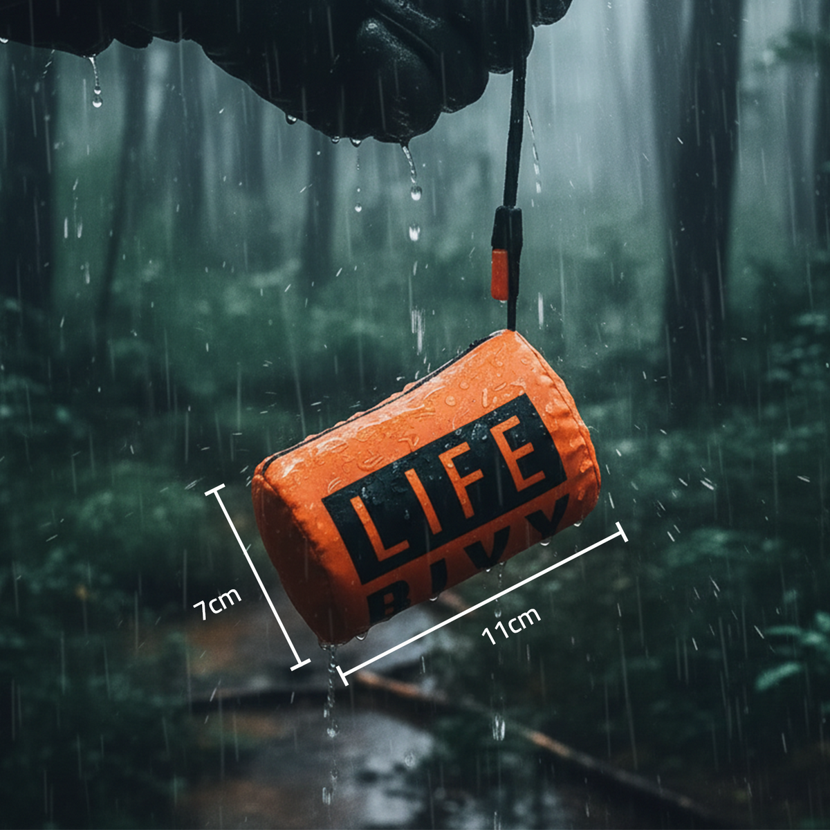 HunterGuard Kit, Hand haelt orangen Life-Bivy-Beutel im Regenwald, Massangabe 7 mal 11 Zentimeter am Beutel