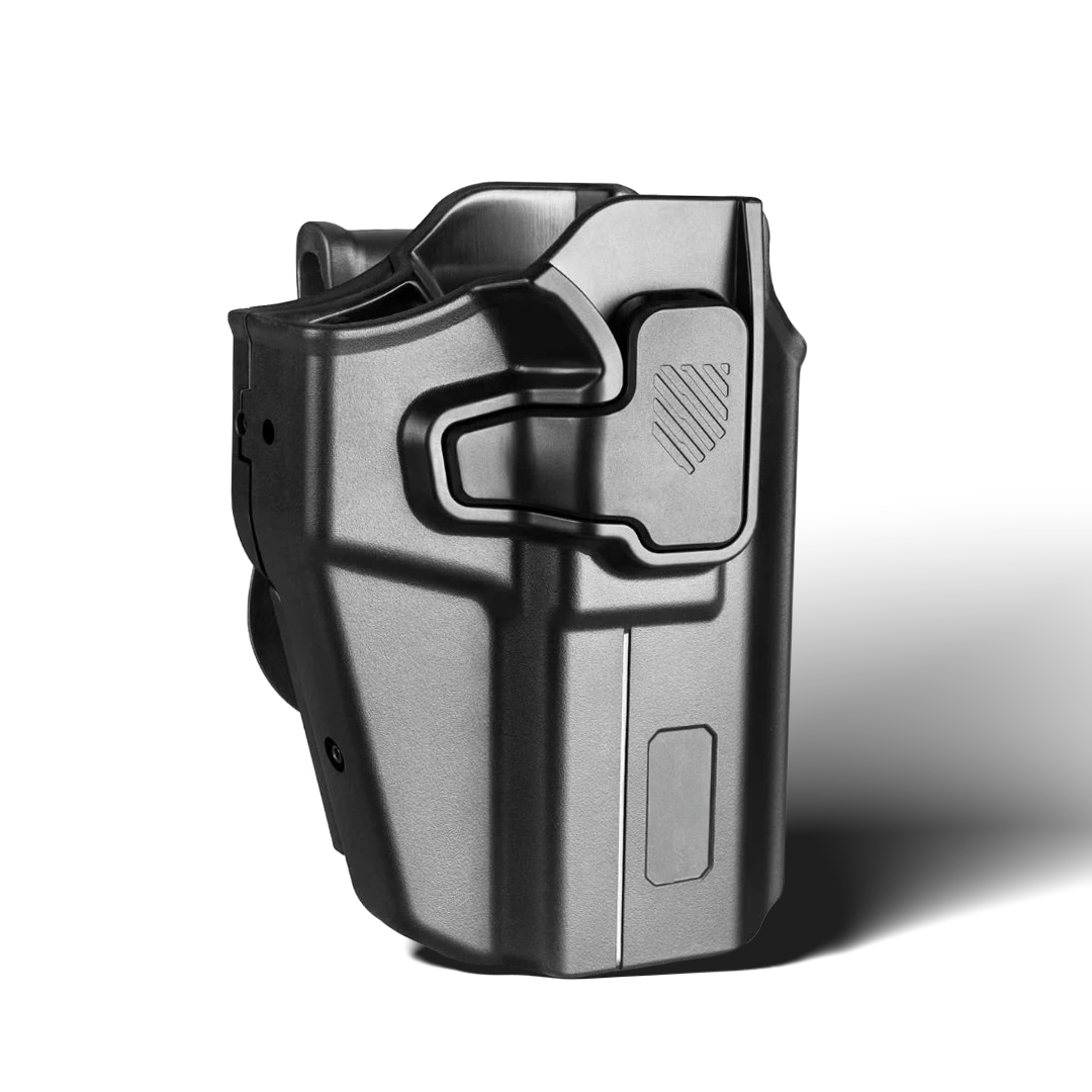 Sentinel OWB-Holster, schwarzes Kunststoffholster schräg von vorne mit Daumen-Lösehebel