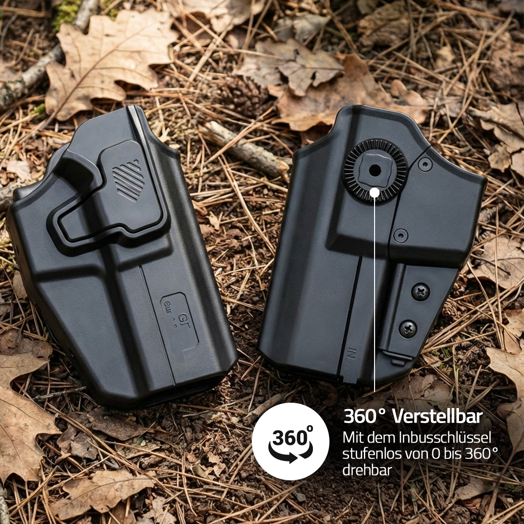 Sentinel OWB-Holster, zwei Ansichten Vorder- und Rückseite auf Laub, Drehregler 360 Grad verstellbar