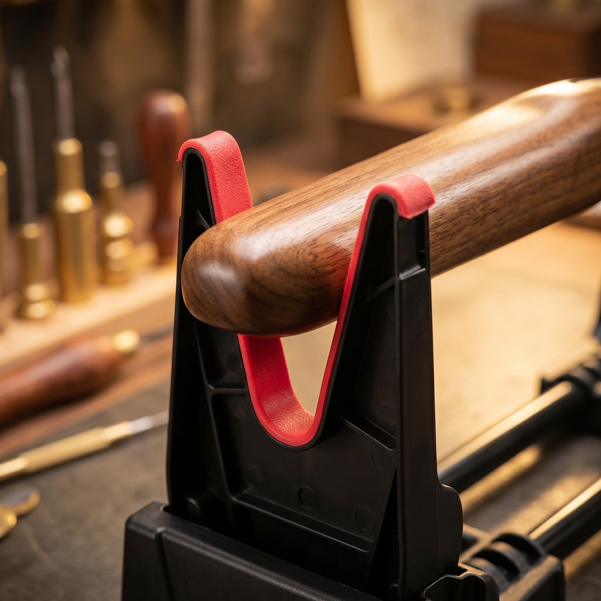 Gummierte rote Auflage schont den Schaft