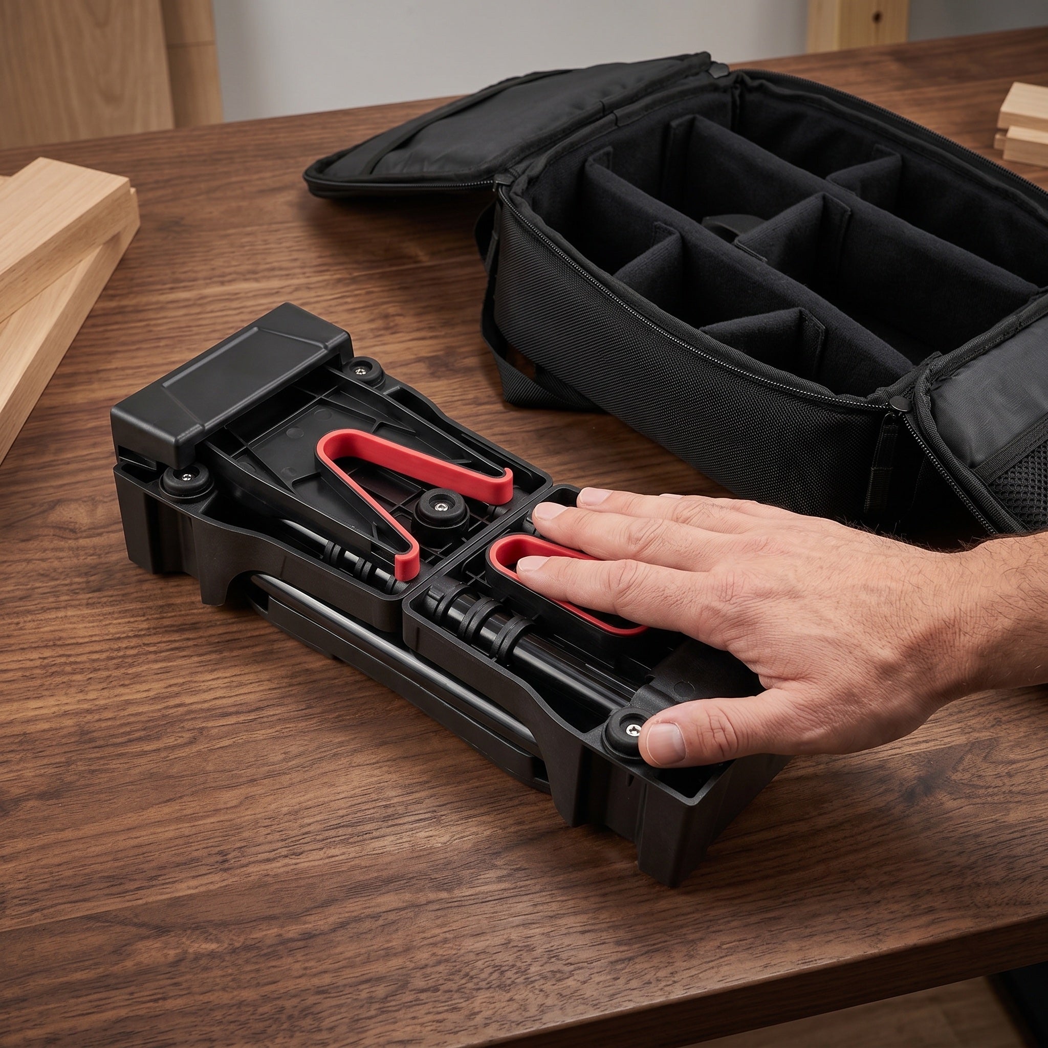 LP-V2:: Pflegebock flach gefaltet neben Rucksack