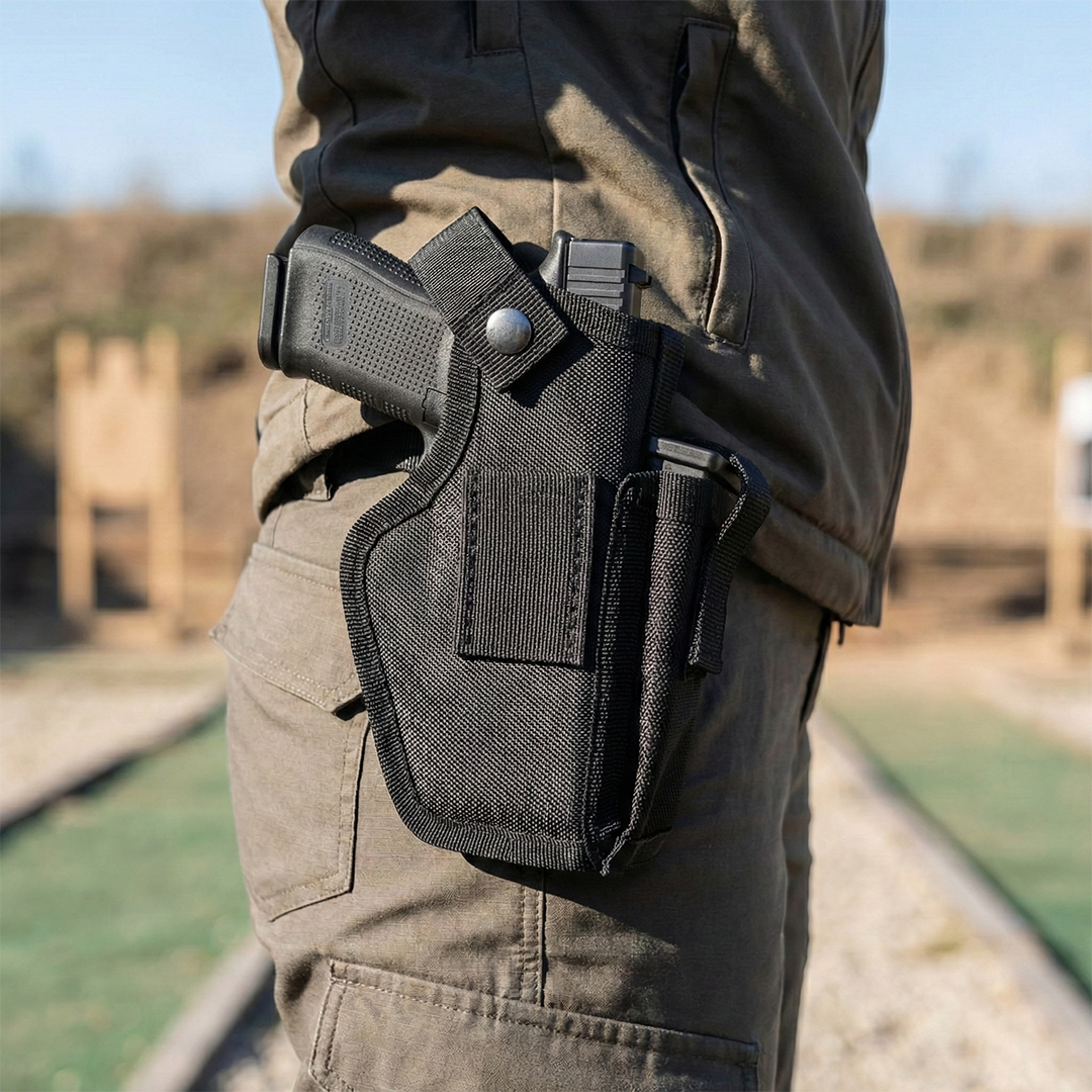 KraftHold Holster in Schwarz mit Pistole am Gürtel, Seitenansicht am Schießstand