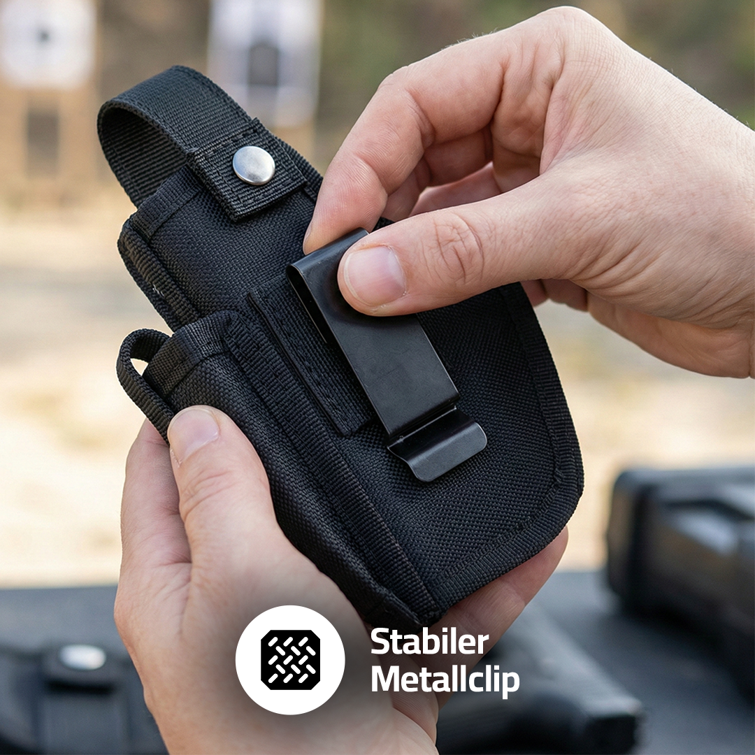 KraftHold Holster, zwei Hände befestigen den stabilen Metallclip an der Rückseite