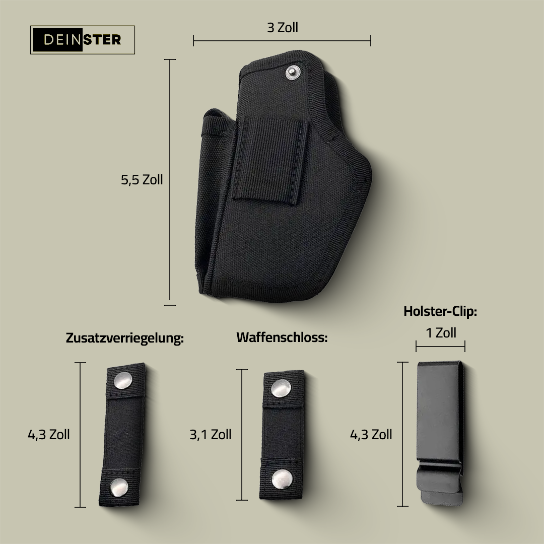 KraftHold Holster Maßtabelle mit Zusatzverriegelung, Waffenschloss und Holster-Clip, Deinster Logo