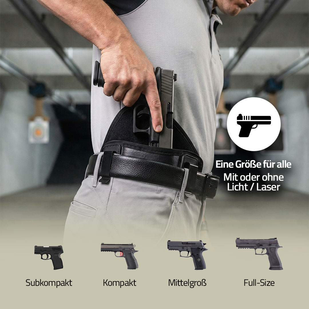 Tragex KomfortGuard Pro, Hand zieht Pistole aus dem Holster, Größentabelle Subkompakt bis Full-Size