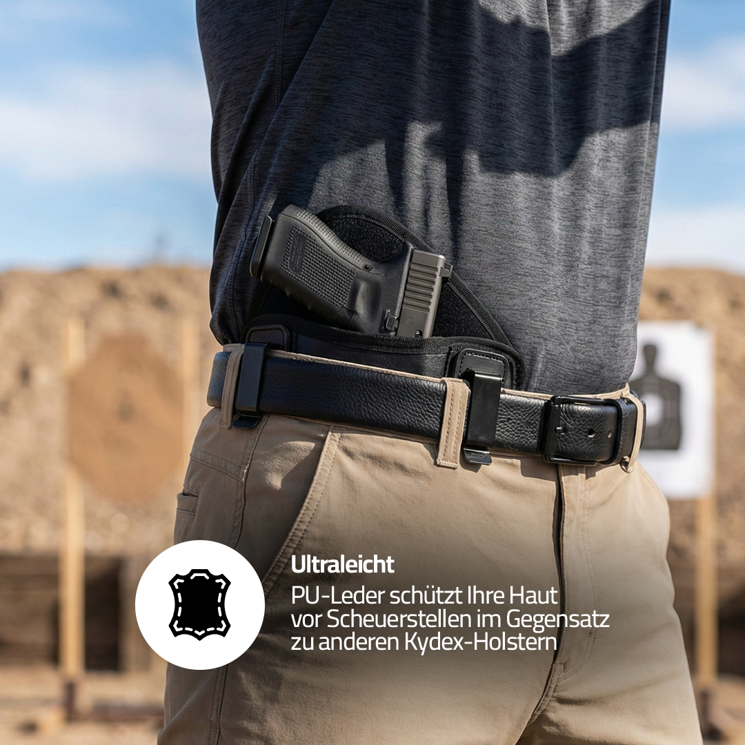 Tragex KomfortGuard Pro, Holster am Gürtel im Freien, Hinweis auf hautfreundliches PU-Leder statt Kydex