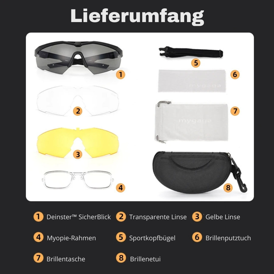 Deinster SicherBlick Lieferumfang: Brille, Wechselgläser, Rahmen, Kopfband, Etui, Beutel