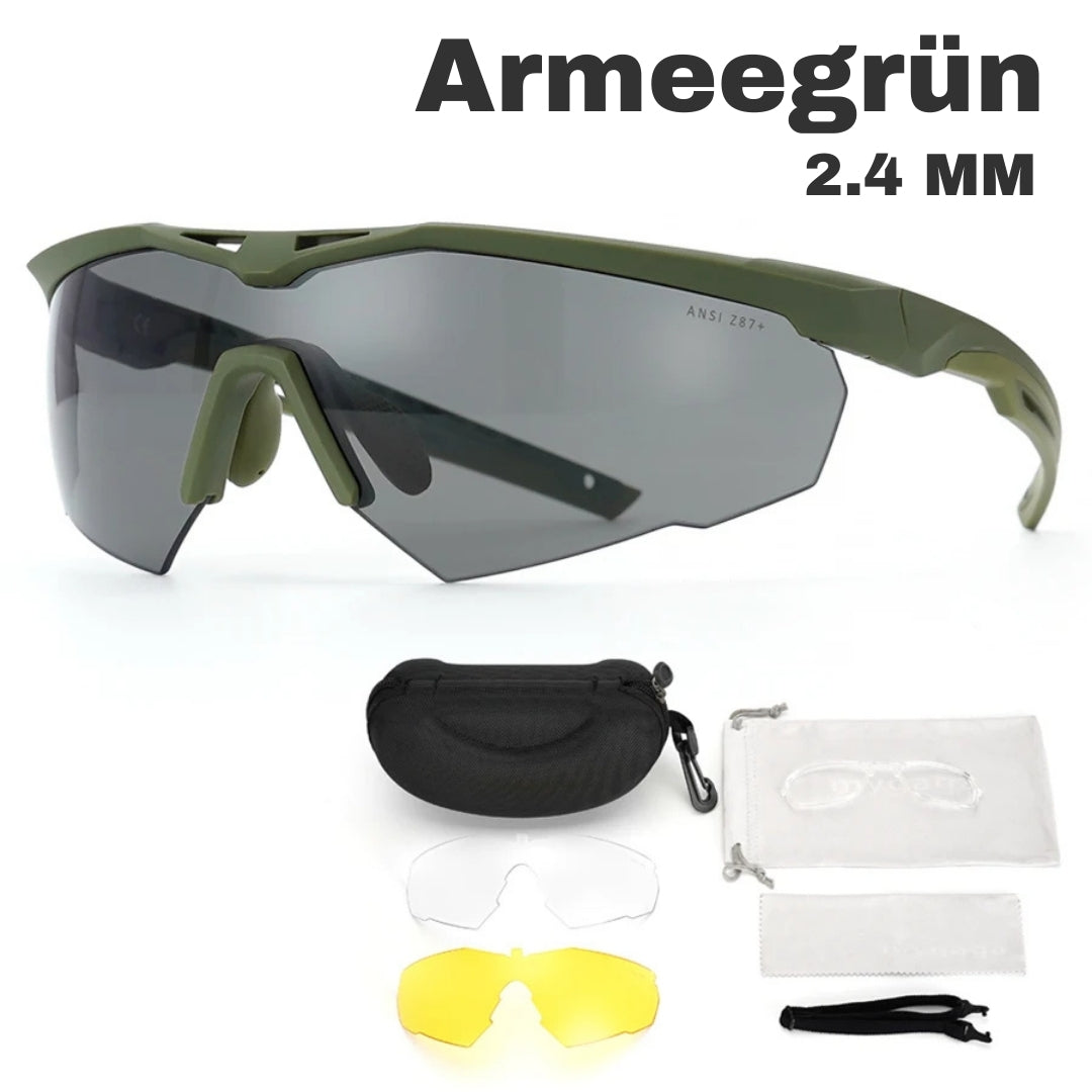 Deinster SicherBlick Schießbrille in Armeegrün, 2,4 mm Linse, mit Etui und Zubehörset