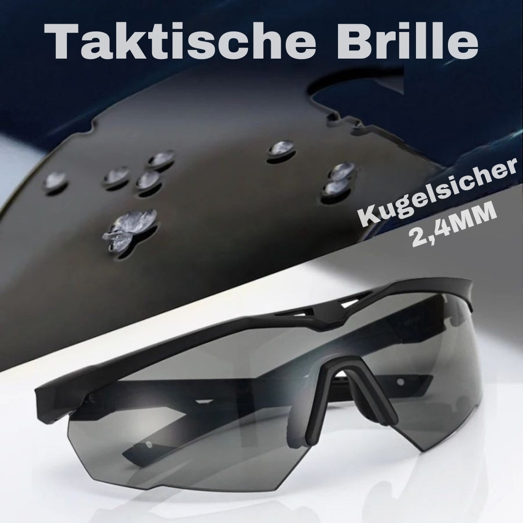 Deinster SicherBlick Schießbrille in Schwarz vor Helmvisier, Werbetext 'Taktische Brille'