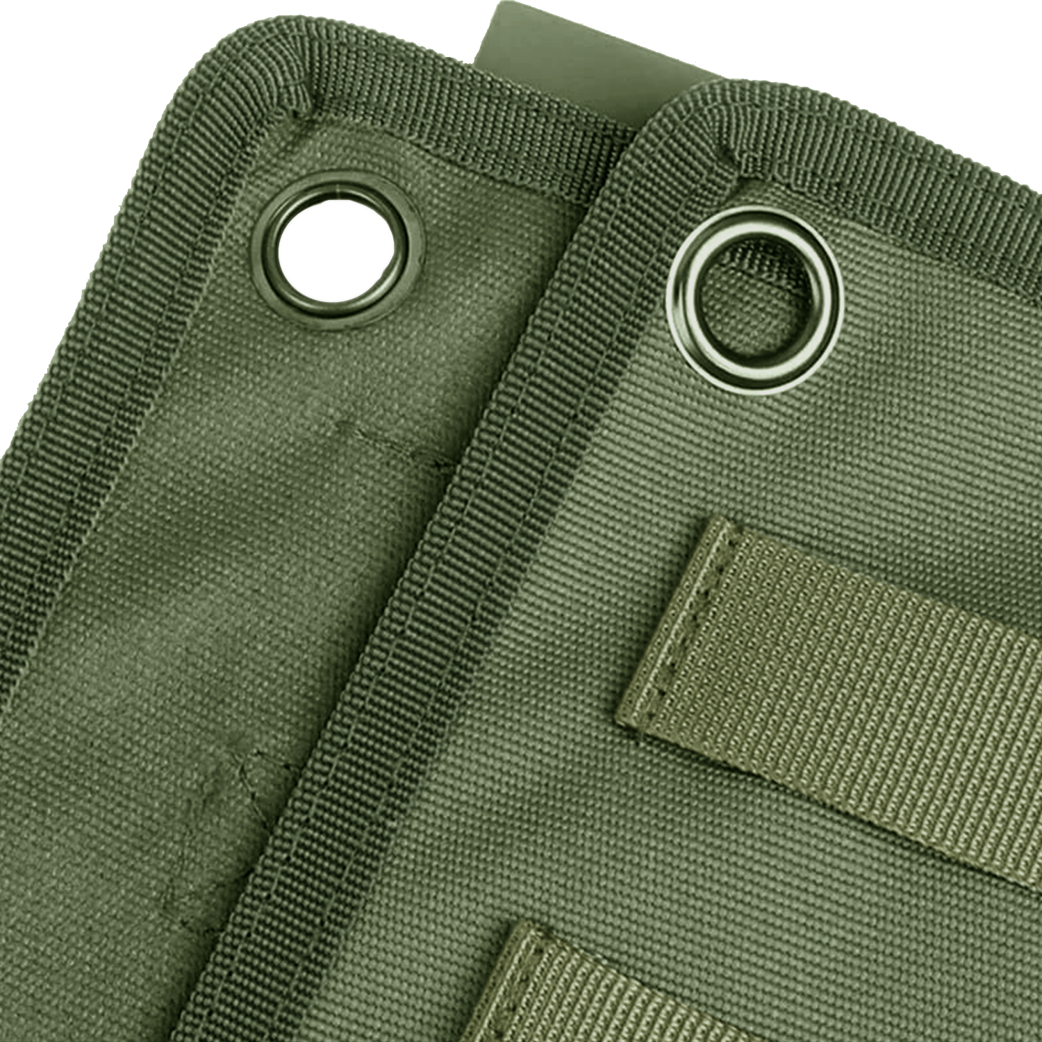 StrikeMat Pro Schützenmatte in Oliv, Detailaufnahme zweier Metallösen mit Gurtband-Lasche