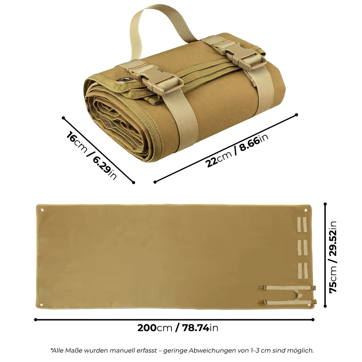 StrikeMat Pro Schützenmatte in Coyote, Infografik mit Maßen: gerollt 16x22 cm, ausgerollt 75x200 cm