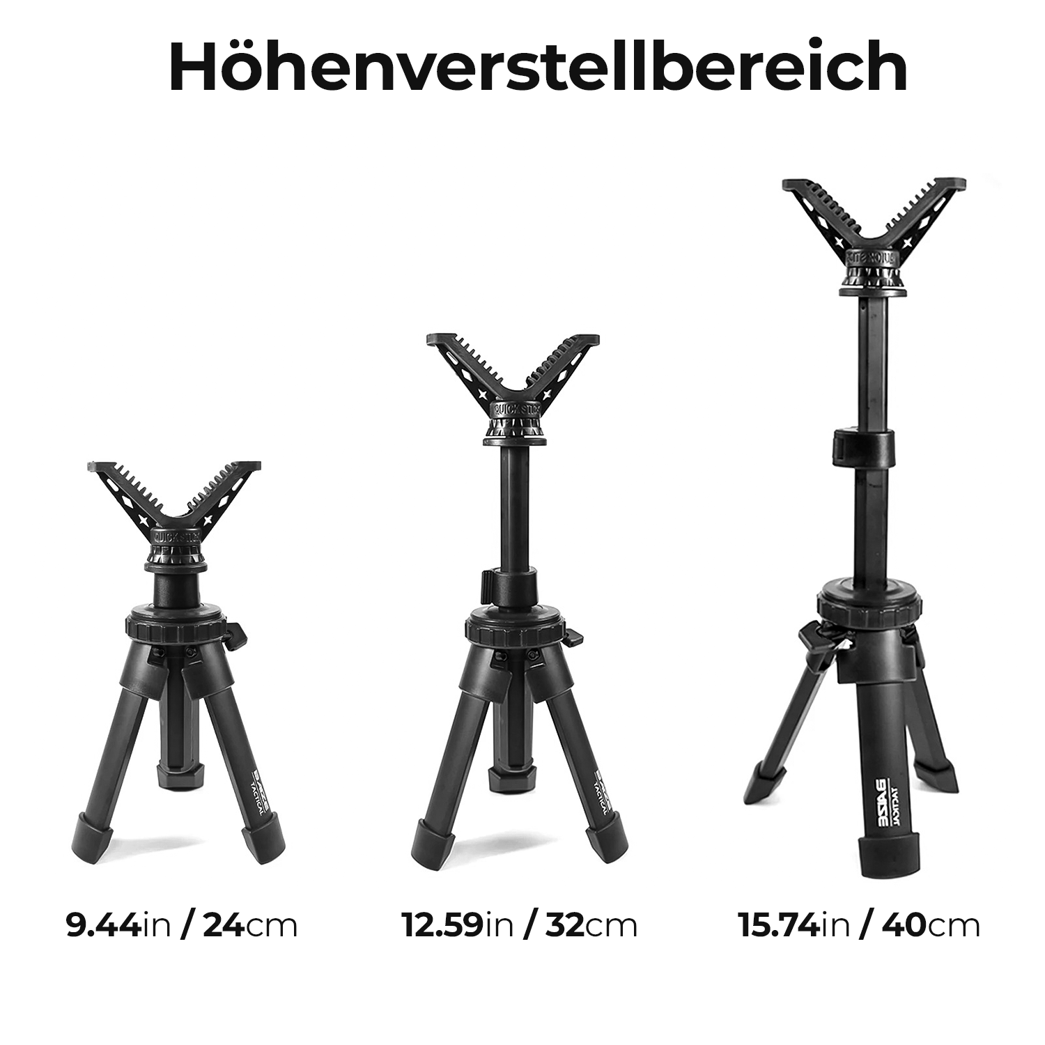 Taktisches Schießstativ, Grafik zum Höhenverstellbereich: drei Größen von niedrig bis hoch