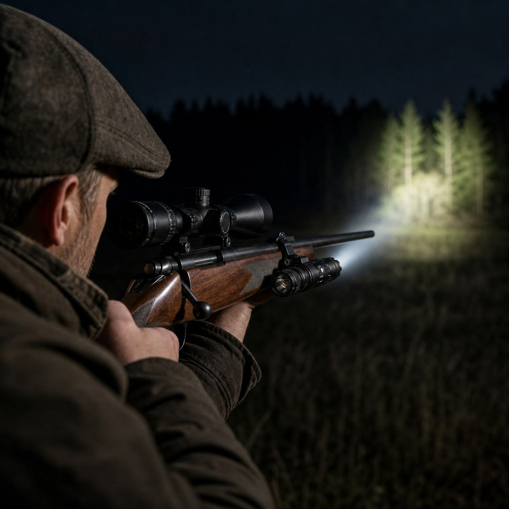 Strahlwerk Jagdlampe bei der Nachtjagd auf dem Gewehr montiert