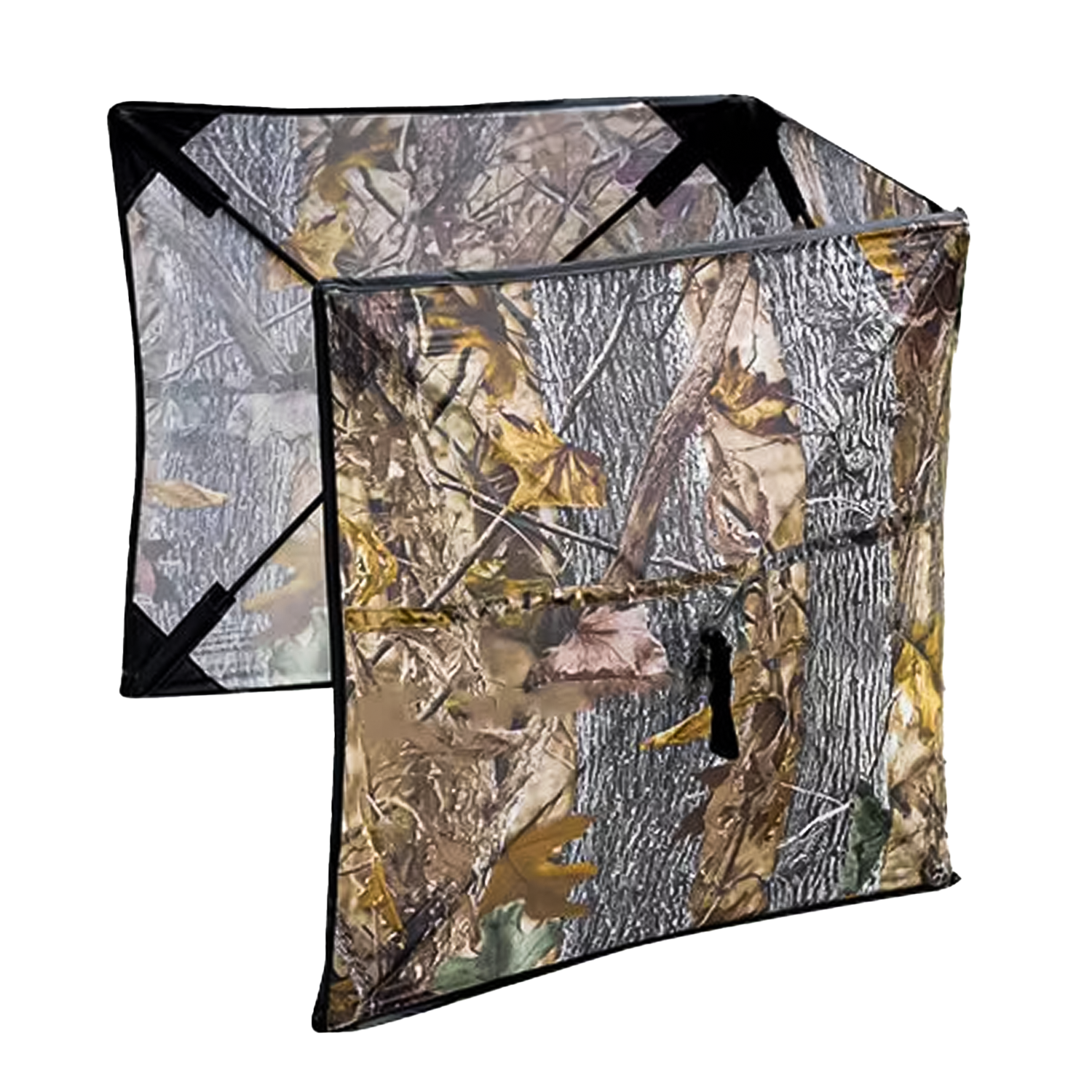 Jagdblind Tarnzelt in Laub-Camouflage, Eckansicht schräg mit sichtbarer heller Innenseite