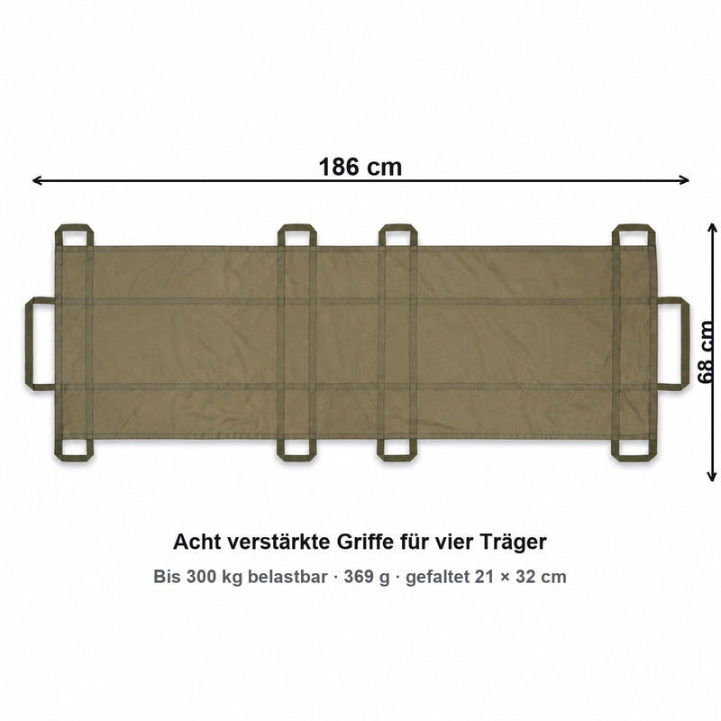Maße der Tragfest Rettungstrage: 186 x 68 cm, bis 300 kg belastbar, 369 g