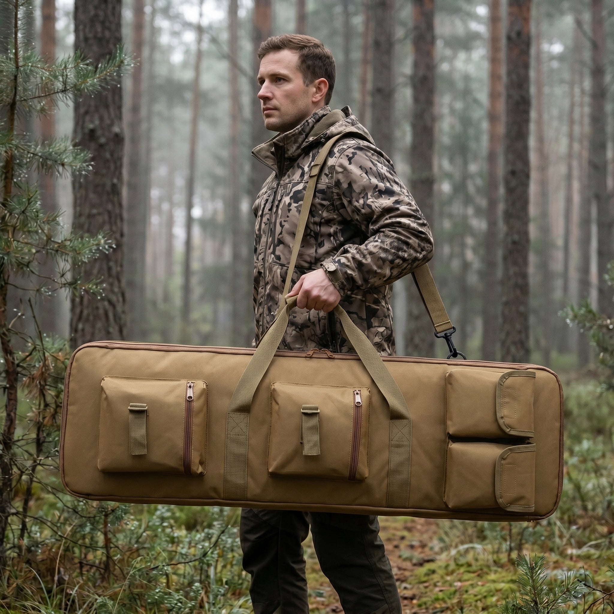 Jäger trägt die Tragwerk Gewehrtasche im Revier