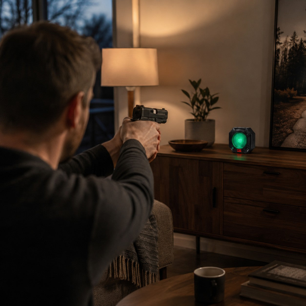 LP-V2:: Trockentraining im Wohnzimmer, Pistole zielt auf das Trefferecho Laser-Trainingsziel