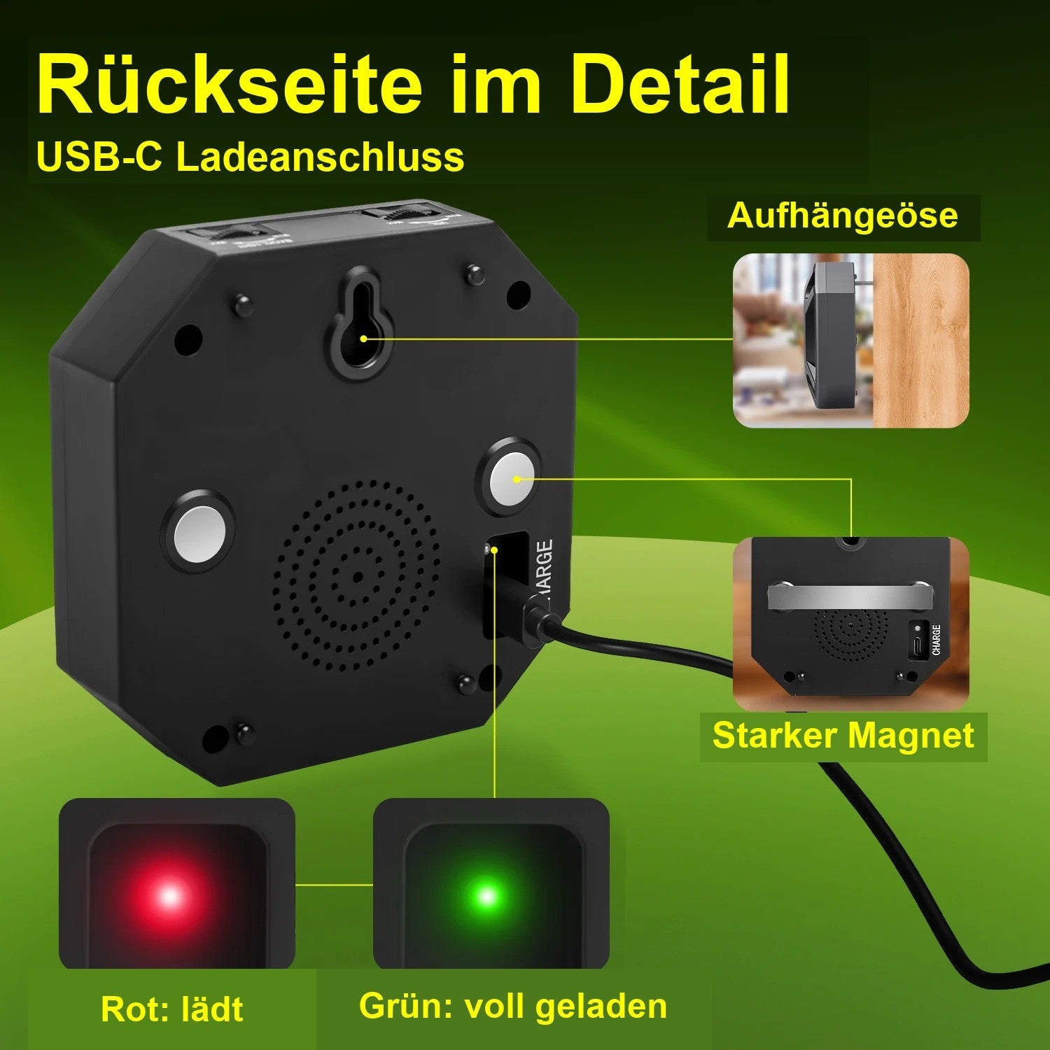 Trefferecho Rückseite mit USB-C Ladeanschluss, Magnet und Aufhängeöse
