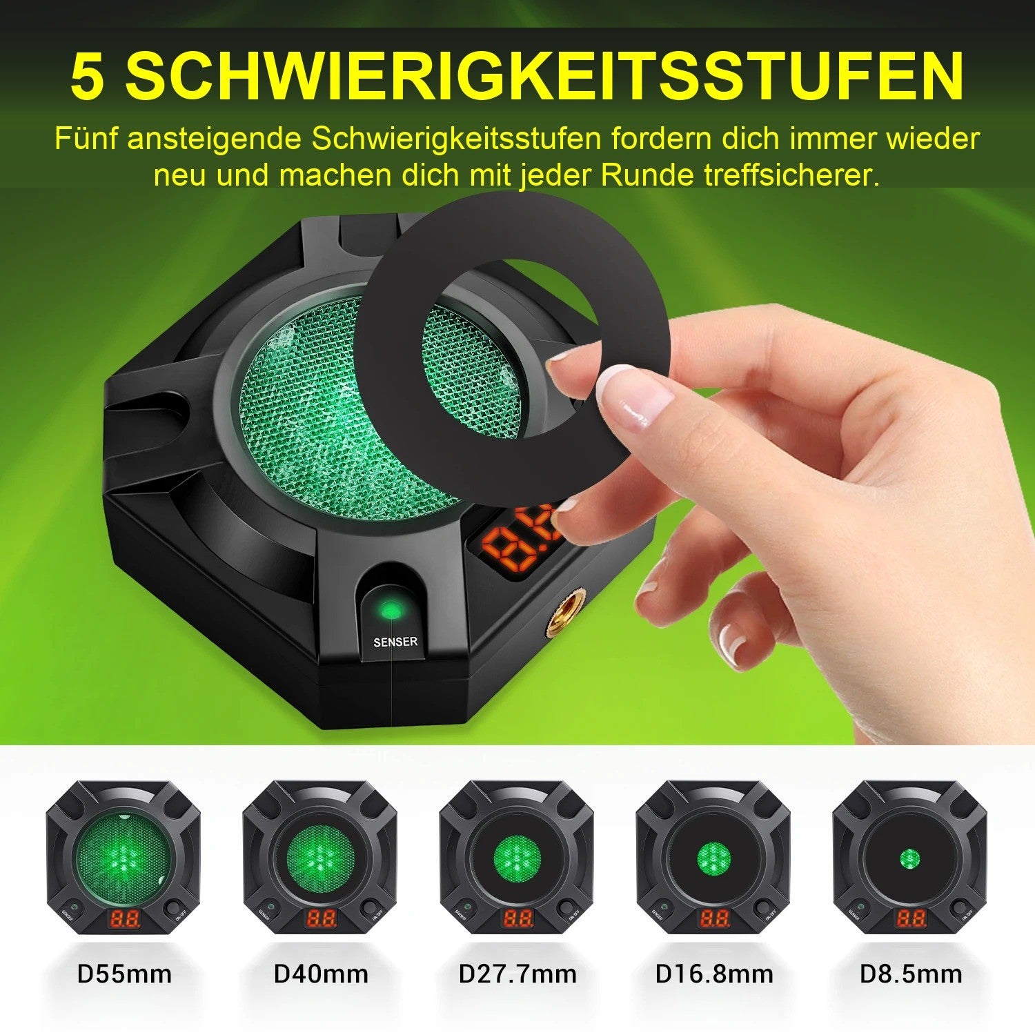 Trefferecho fünf Schwierigkeitsstufen von 55 bis 8,5 Millimeter Trefferzone