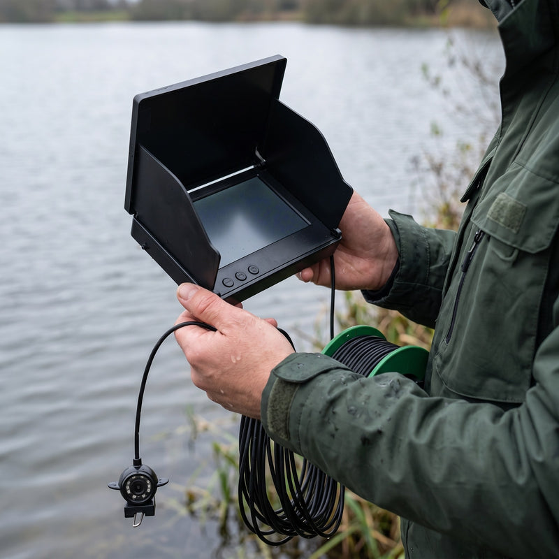 Angler haelt den Tiefblick Monitor am Wasser