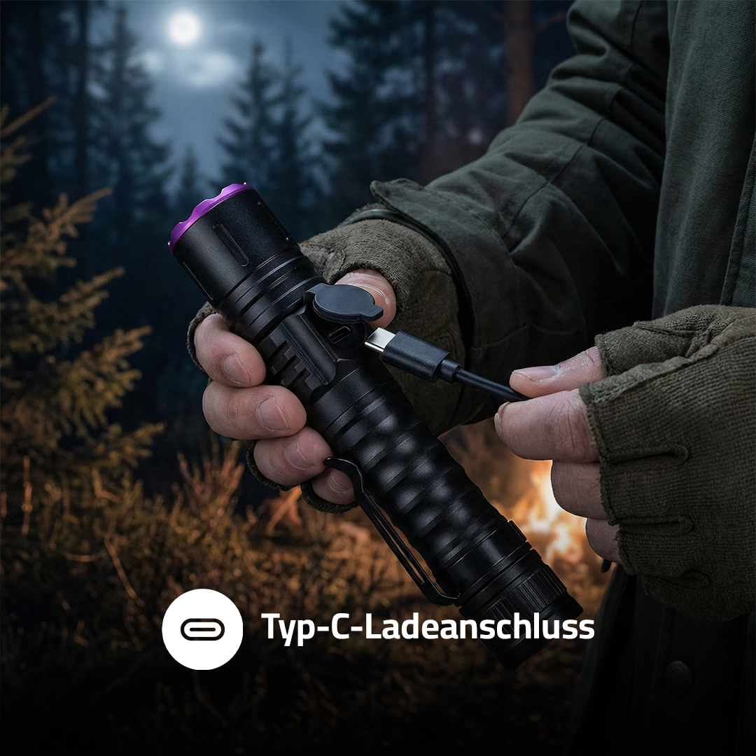 Blutspur Pro UV-Taschenlampe, Hand steckt USB-C-Kabel in Ladeanschluss vor nächtlicher Waldkulisse