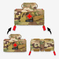 Rettungsgriff MOLLE-Verbandtasche in Multicam, Collage aus Frontansicht und aufgeklapptem MOLLE-Ruecken