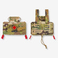 Rettungsgriff MOLLE-Verbandtasche in Multicam, Front neben geoeffneter Rueckseite mit Patrone im Elastikfach